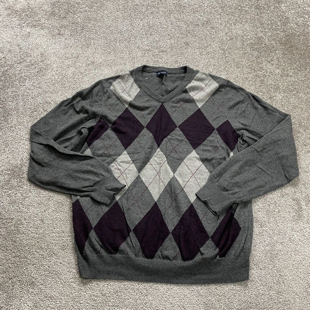 Croft & Barrow Sweater Pullover Mens XL Multicolor Argyle/Diamond Knit V-Neck